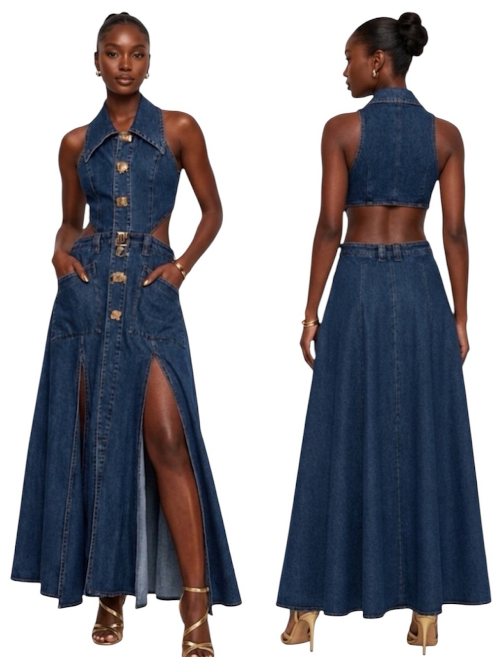Urban Revivo Denim Halter Maxi Dress Front Slits Gold Button Dark Blue XL/ 10